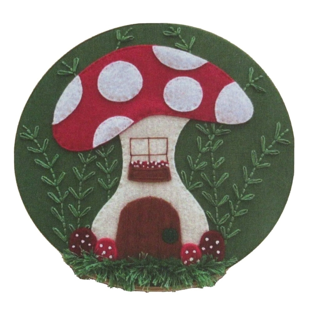 Stitching Felt Appliqué Hoop Kit 8" Mushroom Manor Toadstool House Window Flower - Picture 1 of 10